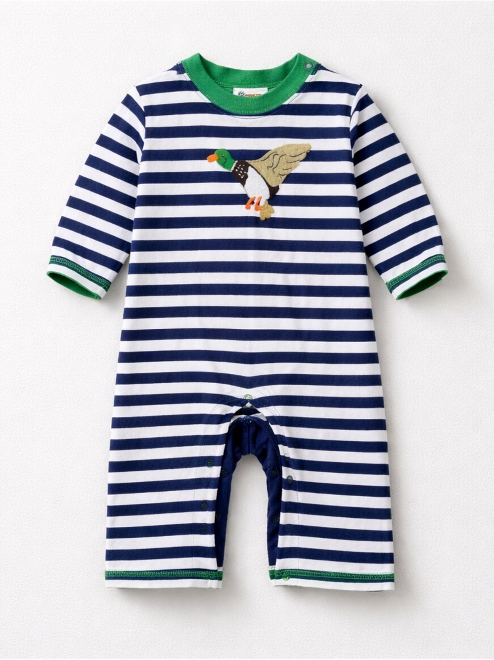 Striped Navy & White Baby One-Piece with Green Trim and Duck Applique